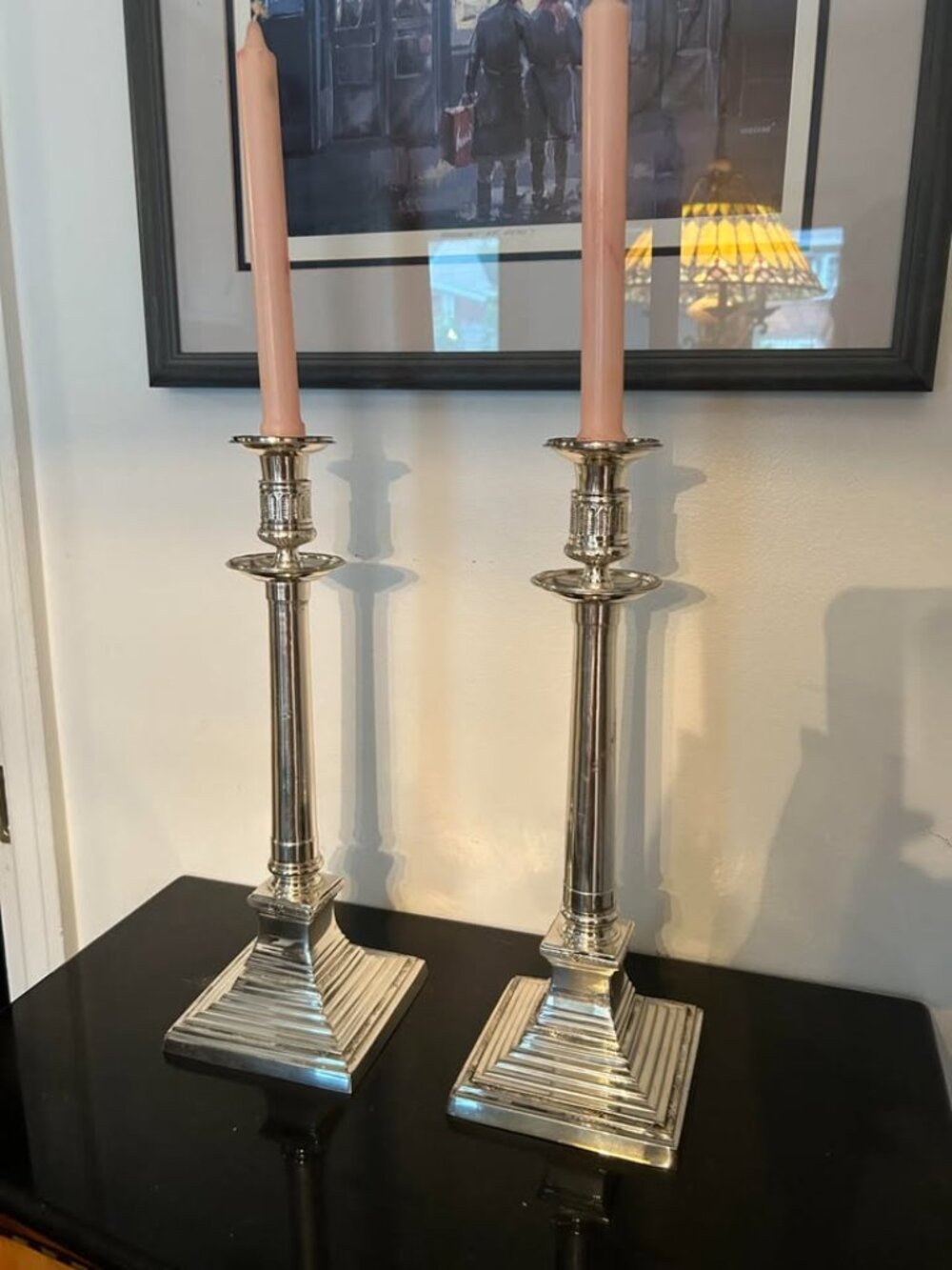 Elegant Pair of Vintage Neoclassical-style Silverplate Candlesticks